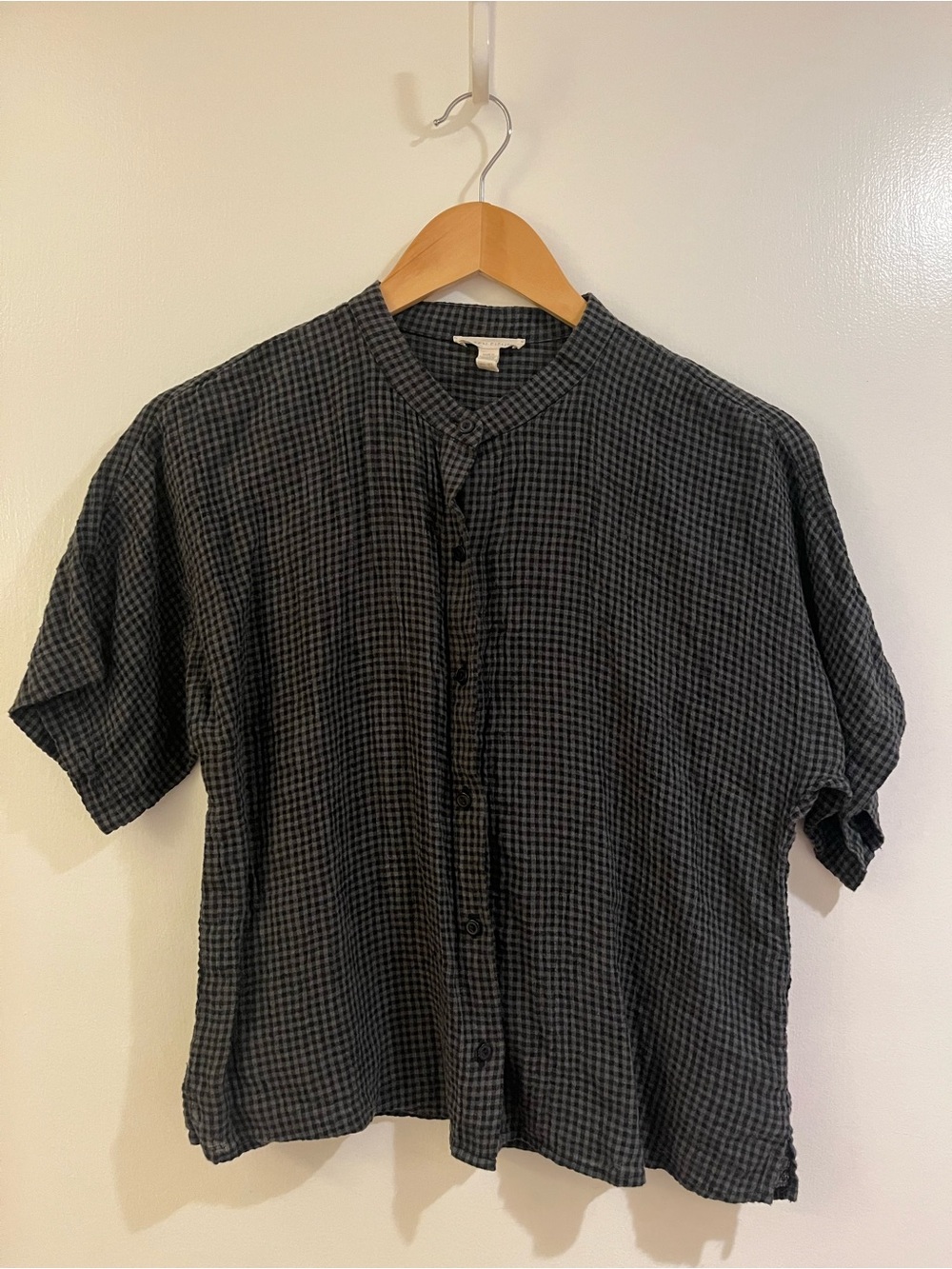 Eileen Fisher Charcoal Gingham Short-Sleeve Button-Down